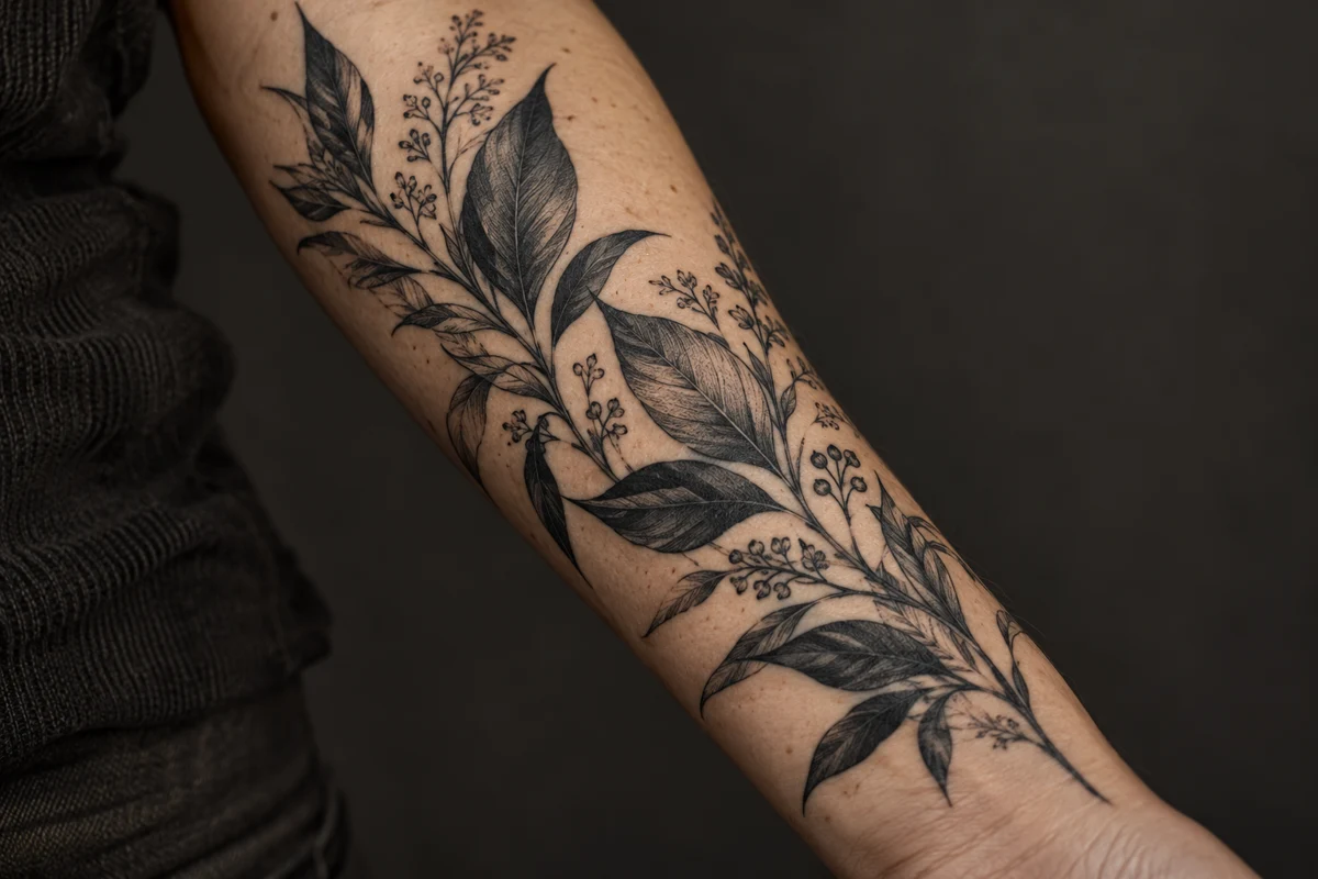 Exemplo ilustrativo de tatuagem botânica em tinta preta no antebraço