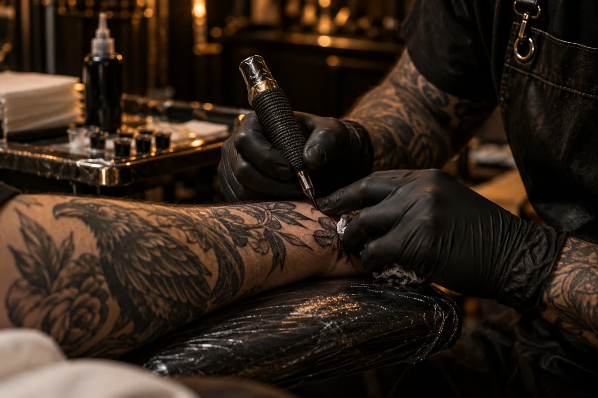 Cena ilustrativa de um tatuador com luvas trabalhando em um desenho no braço